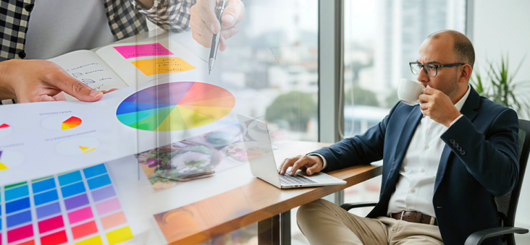 Profesionales analizando estrategias de crecimiento digital mediante experiencia de usuario, inteligencia artificial y colaboración en un espacio de trabajo moderno.