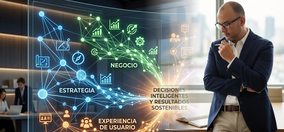 Profesional analizando iniciativas de transformación digital para conectar estrategia, negocio, UX e Inteligencia Artificial.