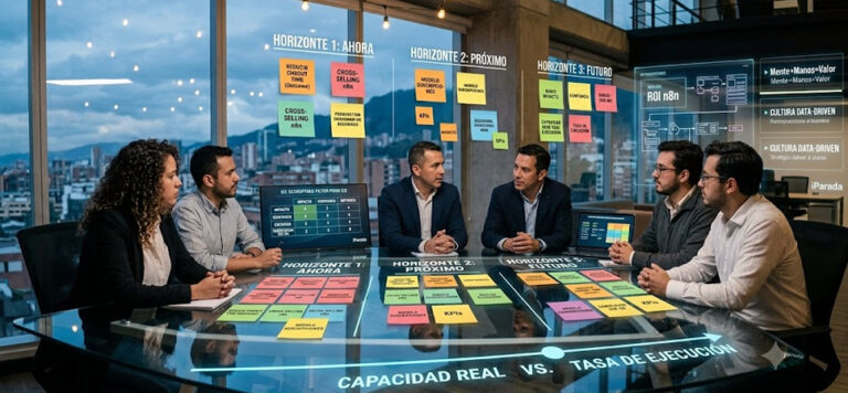Equipo de producto planificando un roadmap de producto para priorizar iniciativas y alinear la estrategia con la ejecución.
