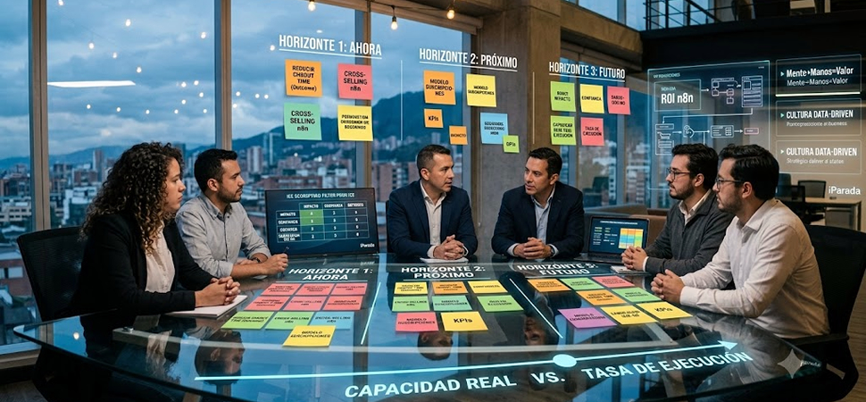 Equipo de producto planificando un roadmap de producto para priorizar iniciativas y alinear la estrategia con la ejecución.